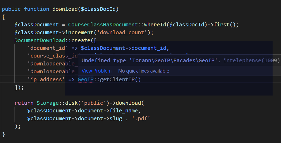 PHP Inetelephense Error